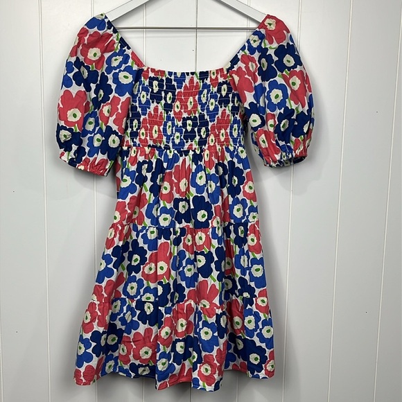 Altar’d State Womens Mini Dress S Pink Blue Floral Puffy Sleeves Stretch Ruffles - Picture 9 of 12